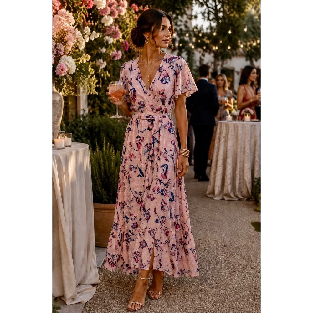 Tanya Taylor Silk Floral Faux Wrap Dress Pink Midi Flutter Sleeve Size 8 $595